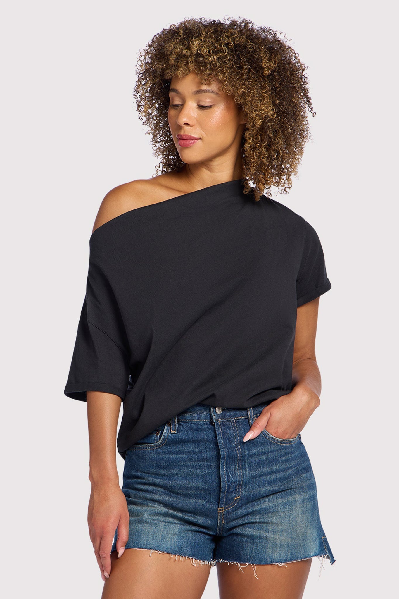 Vintage Cotton Off The Shoulder T-Shirt | Black