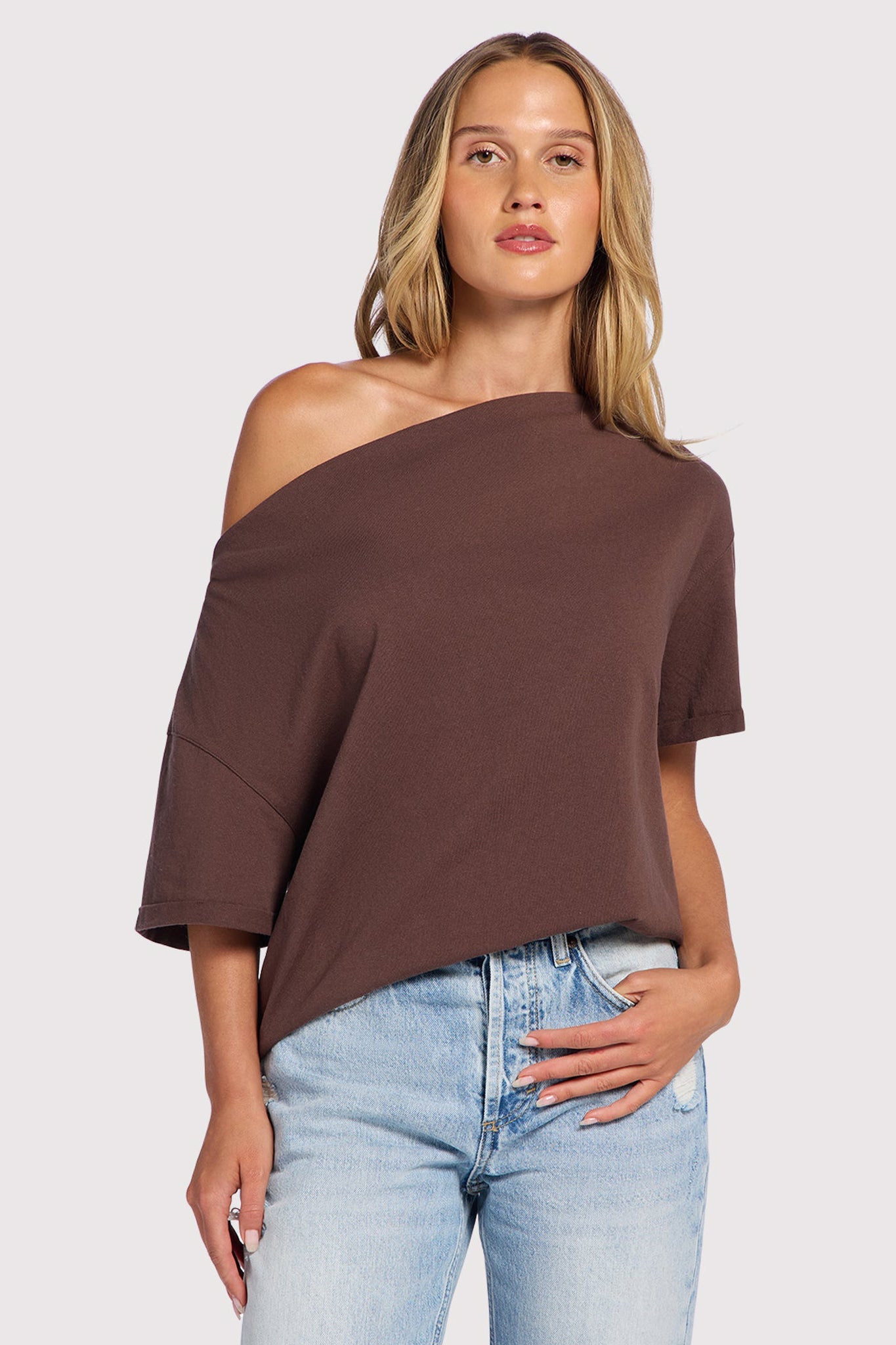 Vintage Cotton Off The Shoulder T-Shirt | Coffee
