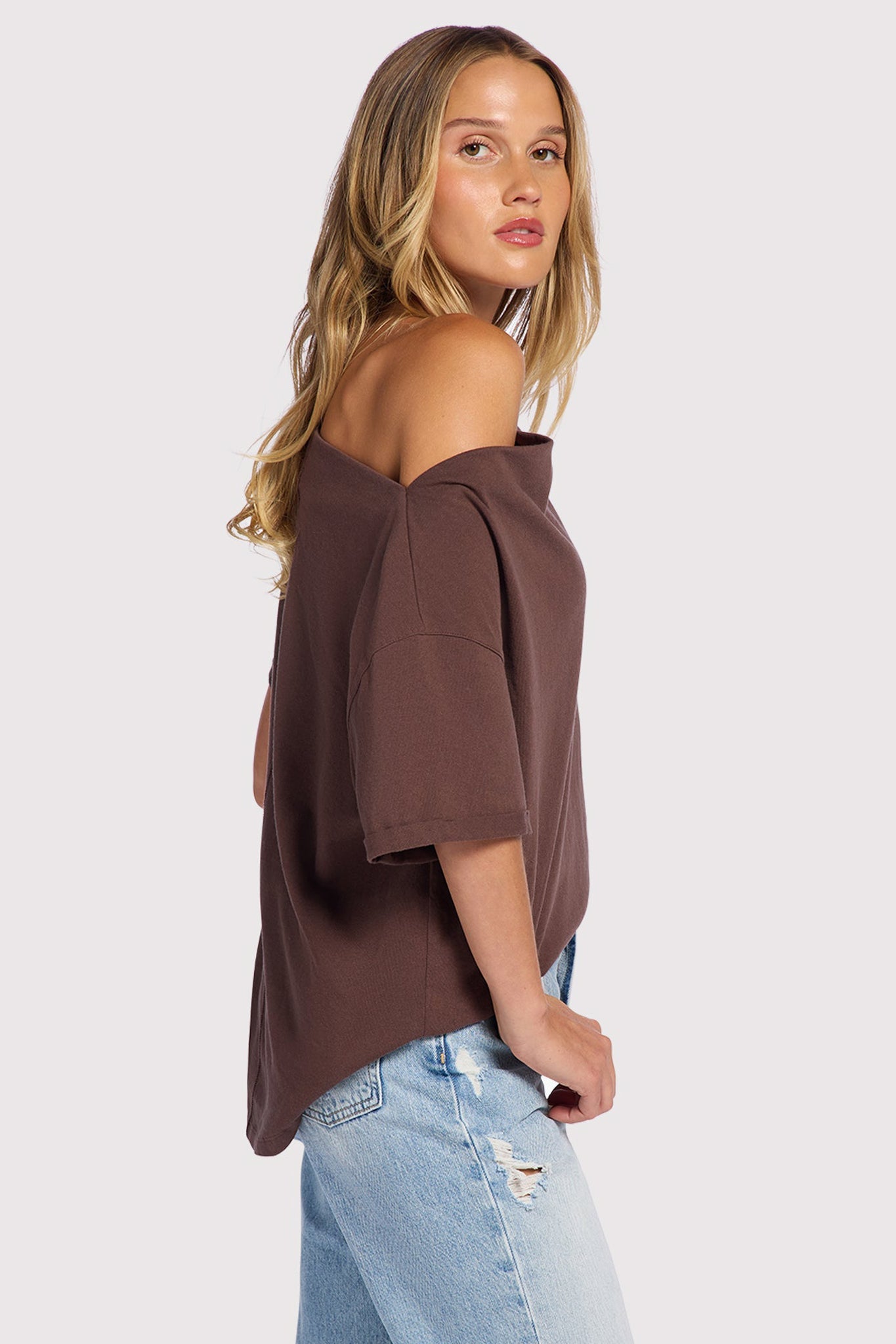 Vintage Cotton Off The Shoulder T-Shirt | Coffee