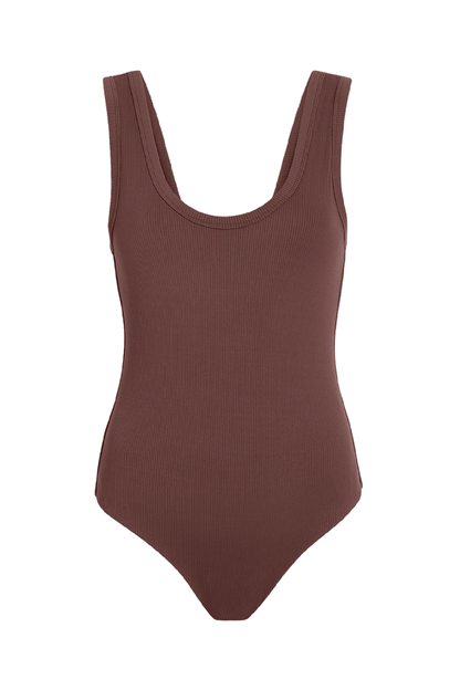Ribbed Scoop Tank Bodysuit | Coffee