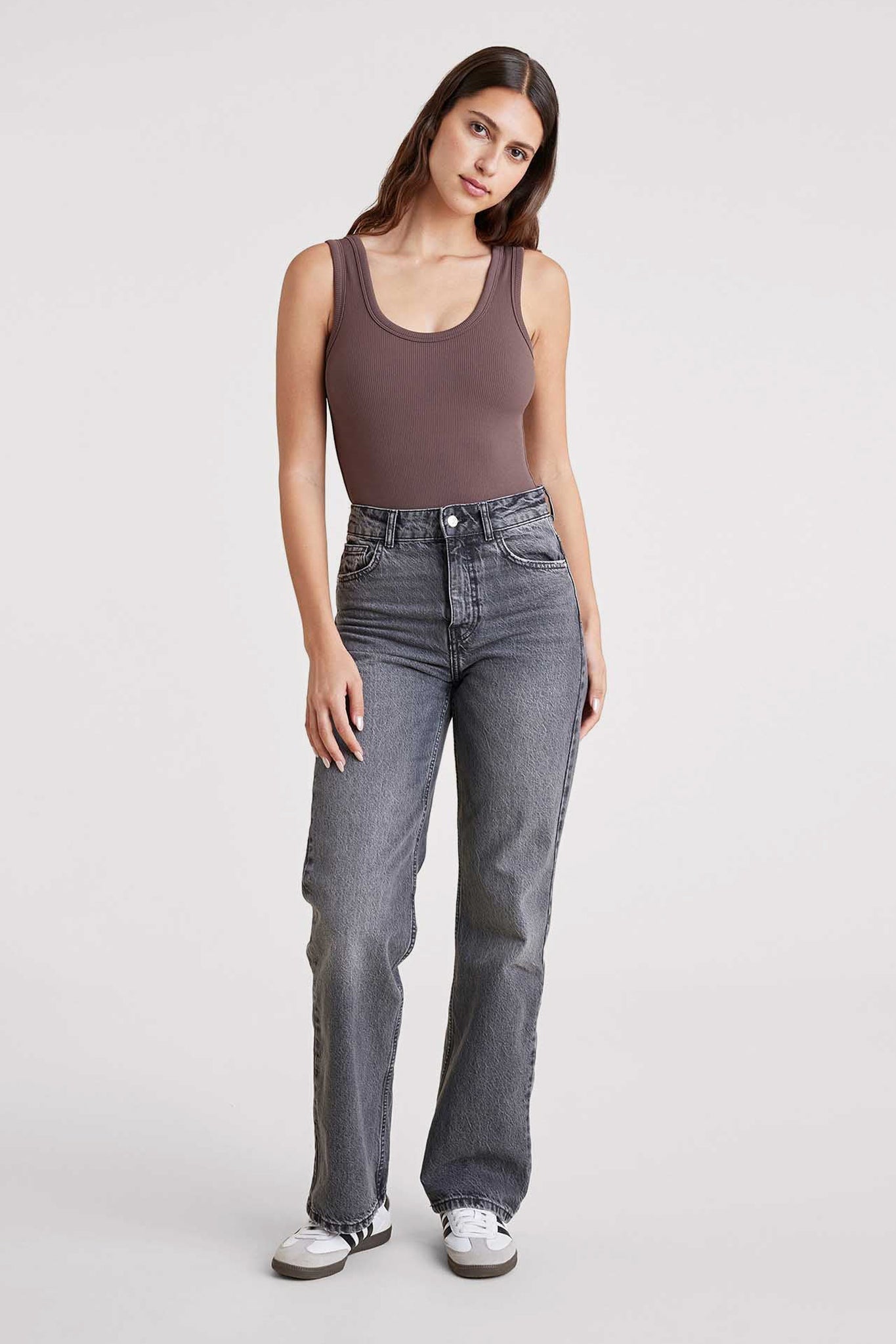 Ribbed Scoop Tank Bodysuit | Coffee