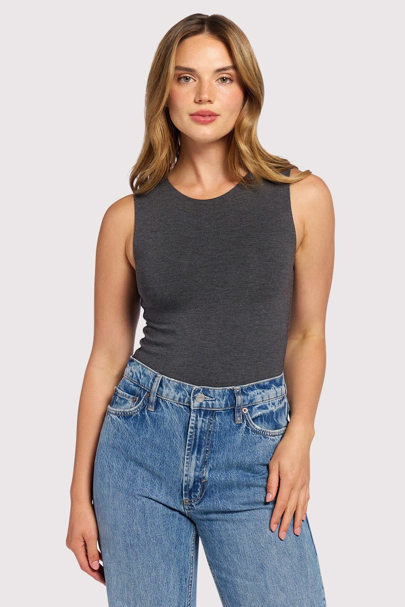 Cotton Stretch Classic Crewneck Tank Bodysuit | Heather Charcoal