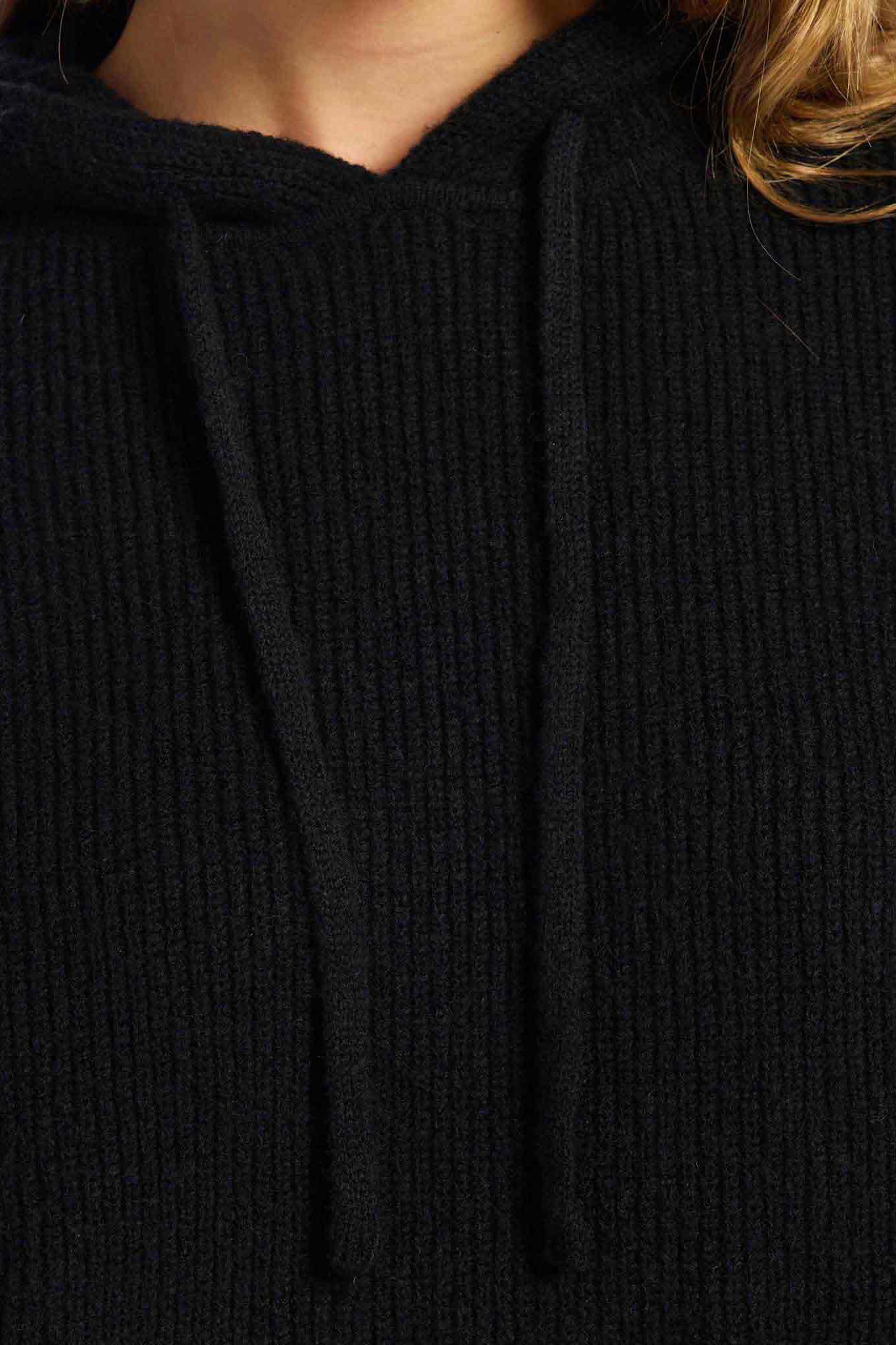 Cozy Knit Ribbed Sweater Hoodie | Black