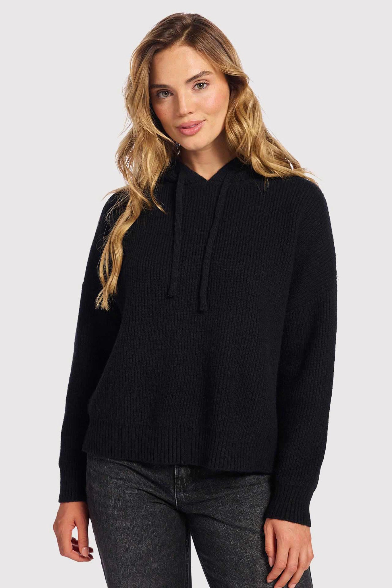 Cozy Knit Ribbed Sweater Hoodie | Black
