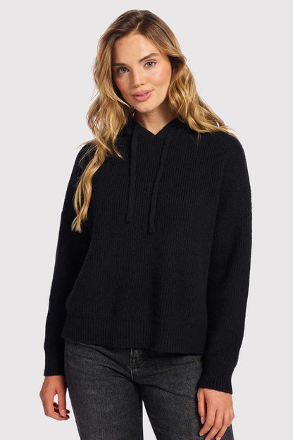 Cozy Knit Ribbed Sweater Hoodie | Black