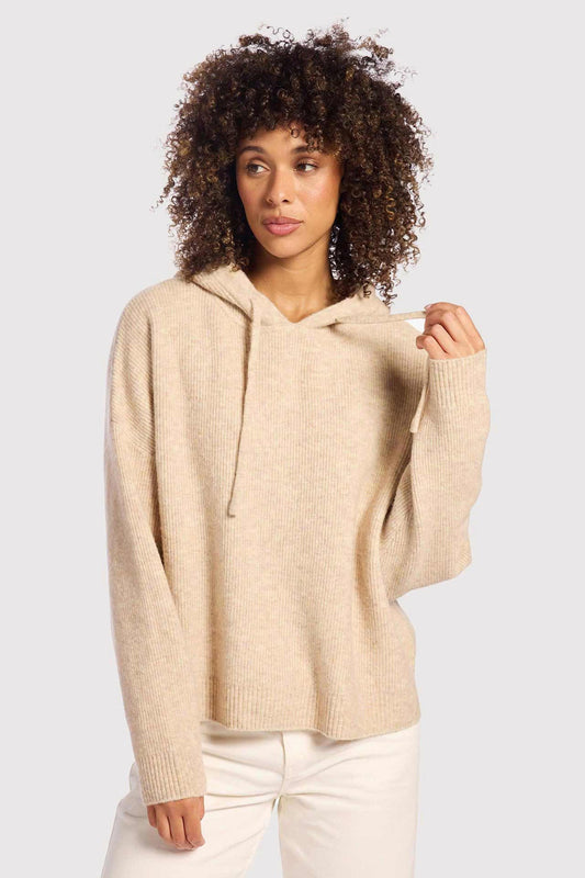 Cozy Knit Ribbed Sweater Hoodie | Heather Oat
