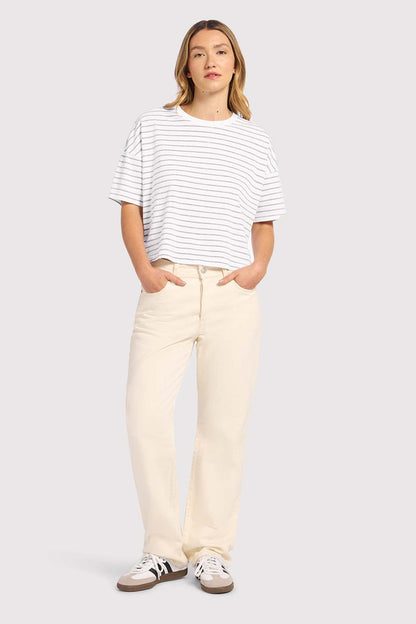 Soft Cotton Striped Boxy Tee | White/Mocha