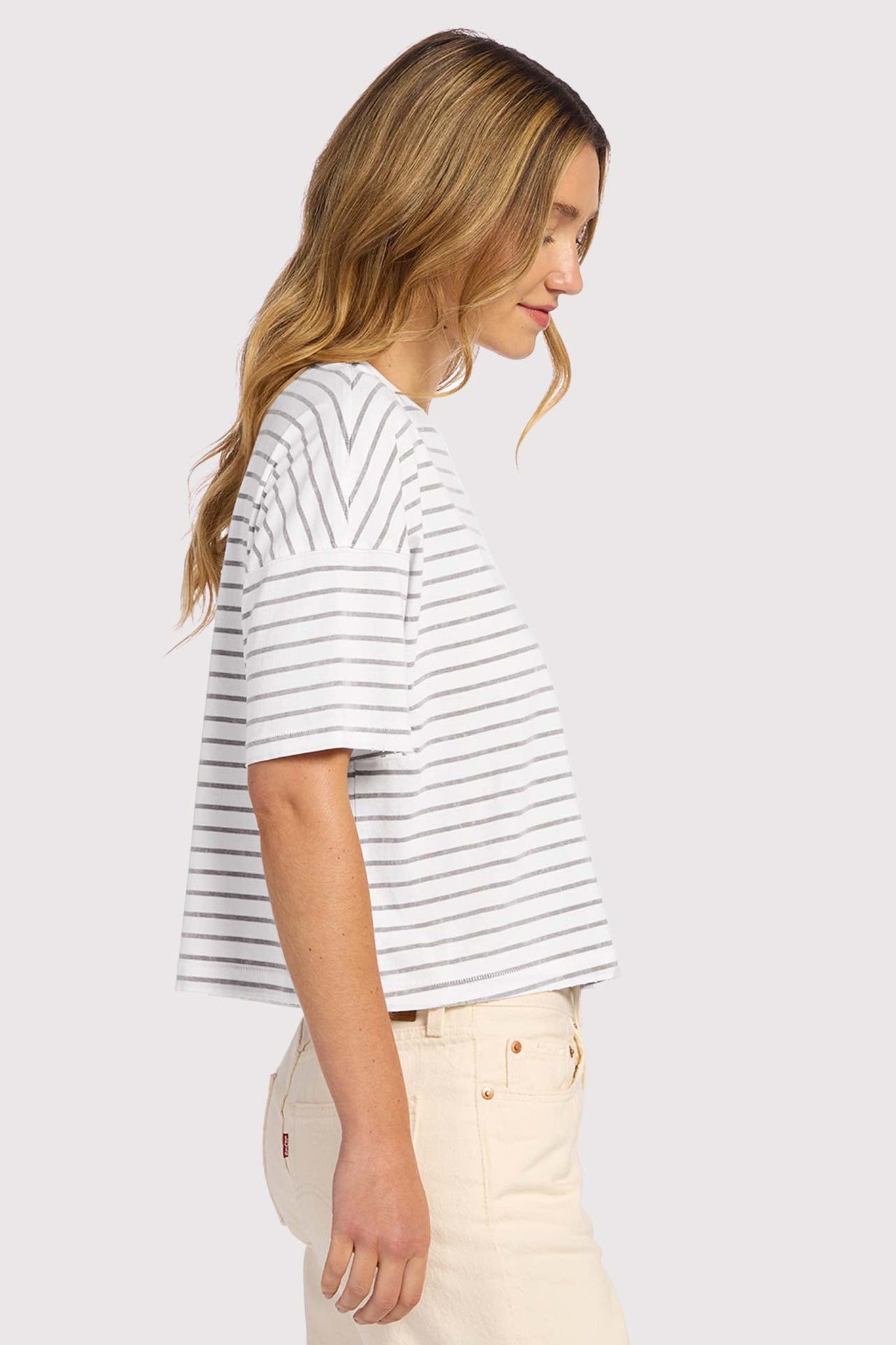 Soft Cotton Striped Boxy Tee | White/Mocha