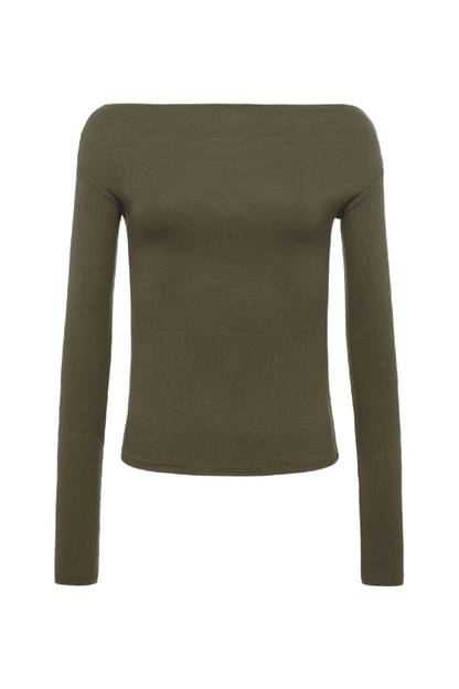 Slinky Rib Off-The-Shoulder Shirt | Darkest Olive
