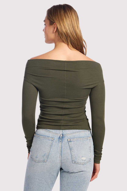 Slinky Rib Off-The-Shoulder Shirt | Darkest Olive