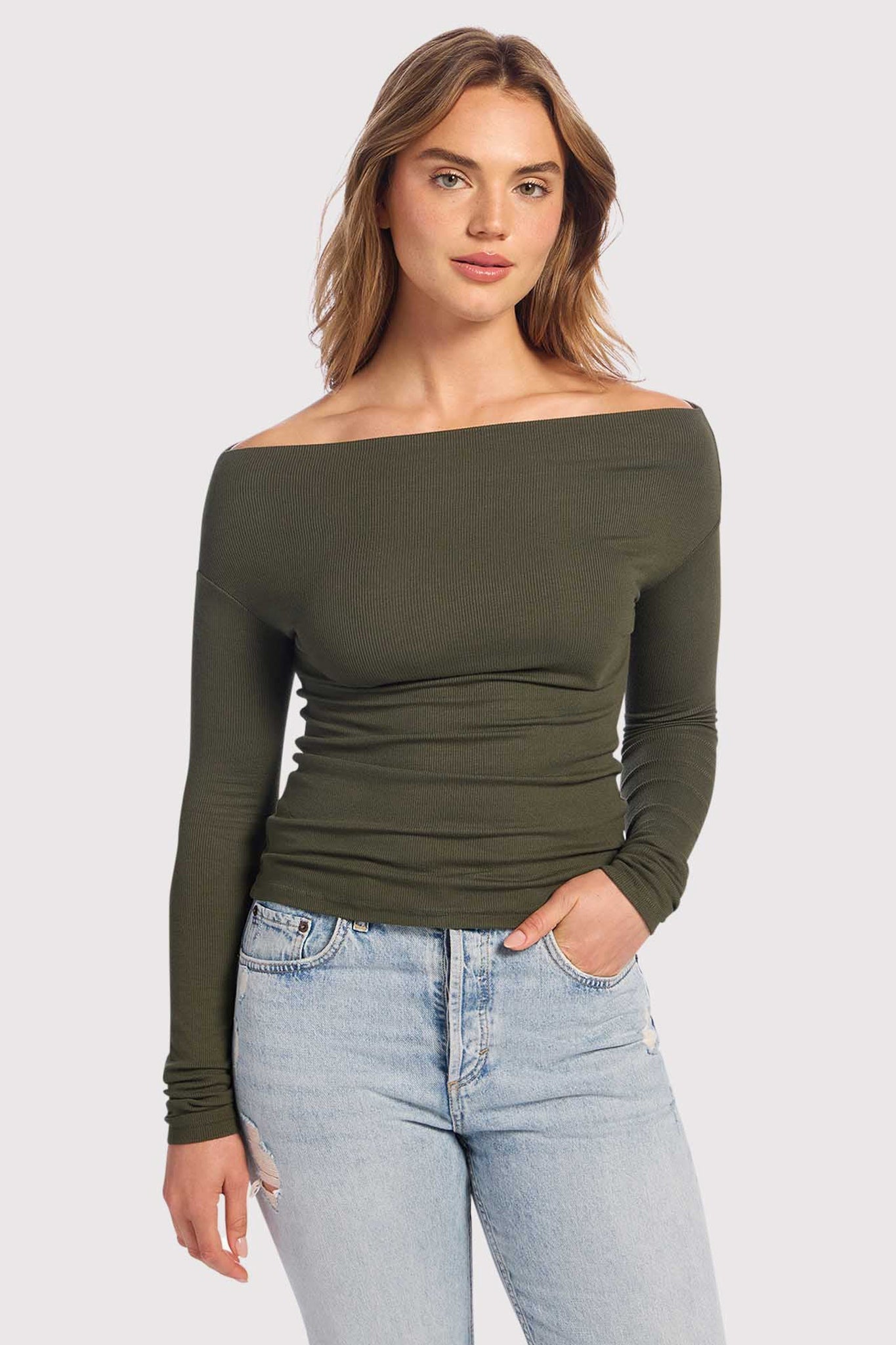 Slinky Rib Off-The-Shoulder Shirt | Darkest Olive