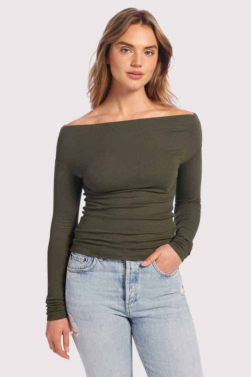 Slinky Rib Off-The-Shoulder Shirt | Darkest Olive