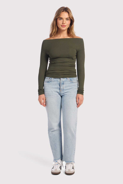 Slinky Rib Off-The-Shoulder Shirt | Darkest Olive