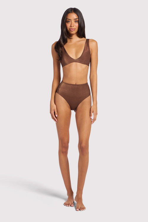 Shimmer High Waist Bikini Bottom | Coffee