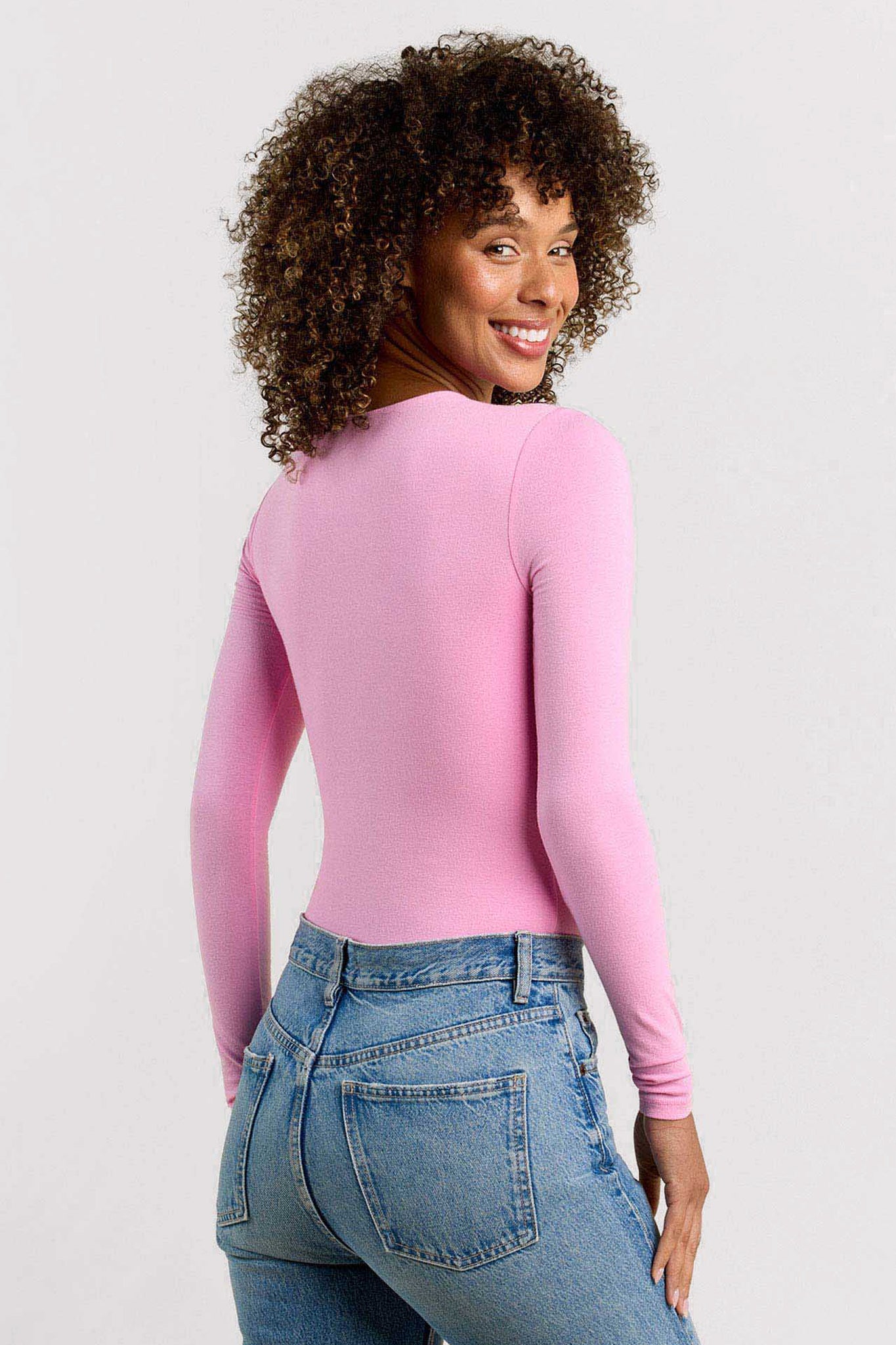 Cotton Stretch Long Sleeve Crewneck Bodysuit | Bubblegum Pink