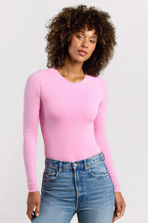 Cotton Stretch Long Sleeve Crewneck Bodysuit | Bubblegum Pink