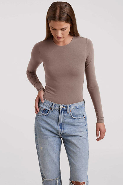 Cotton Stretch Long Sleeve Crewneck Bodysuit | Mocha
