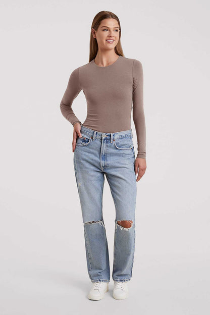 Cotton Stretch Long Sleeve Crewneck Bodysuit | Mocha