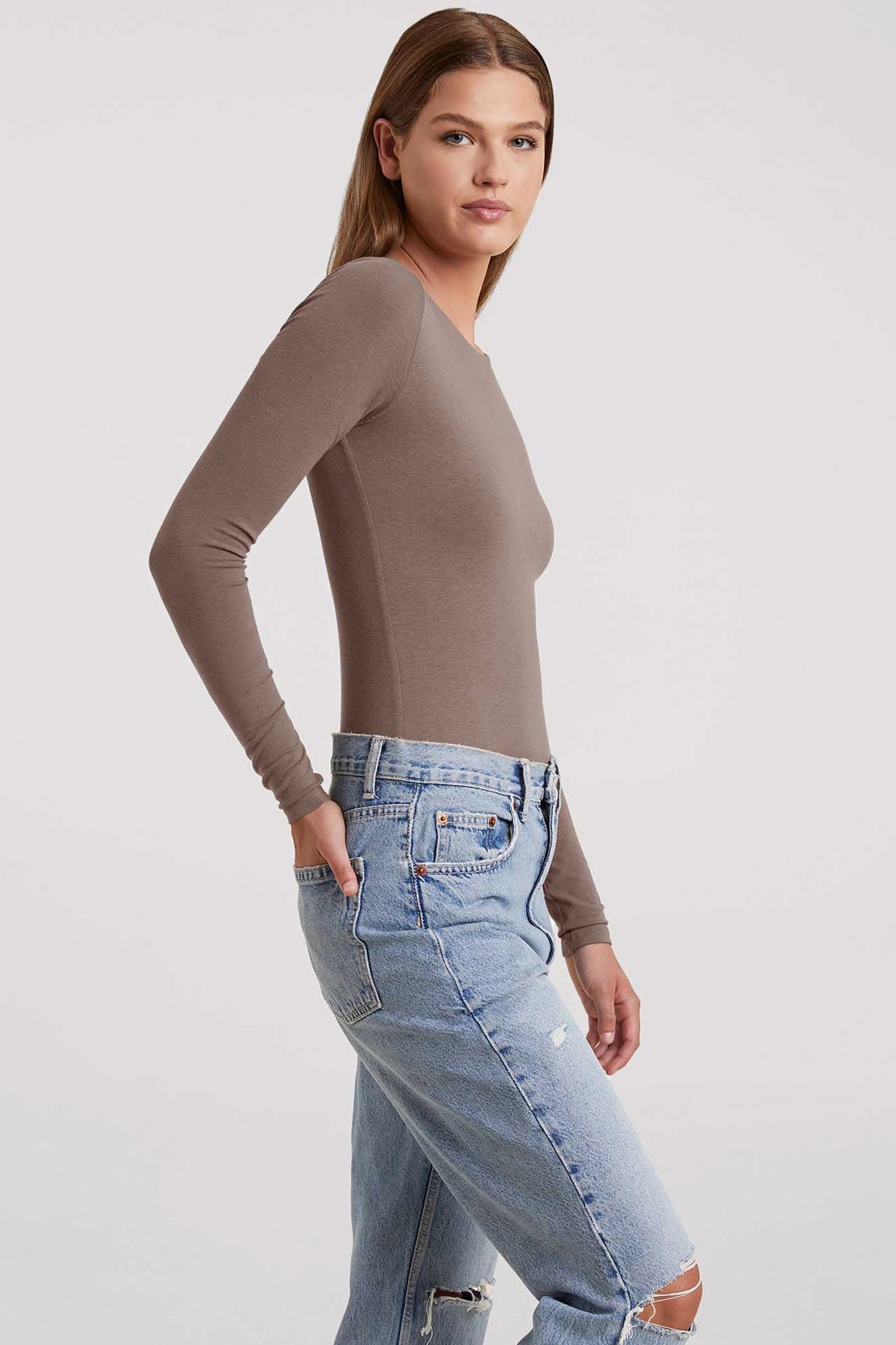 Cotton Stretch Long Sleeve Crewneck Bodysuit | Mocha