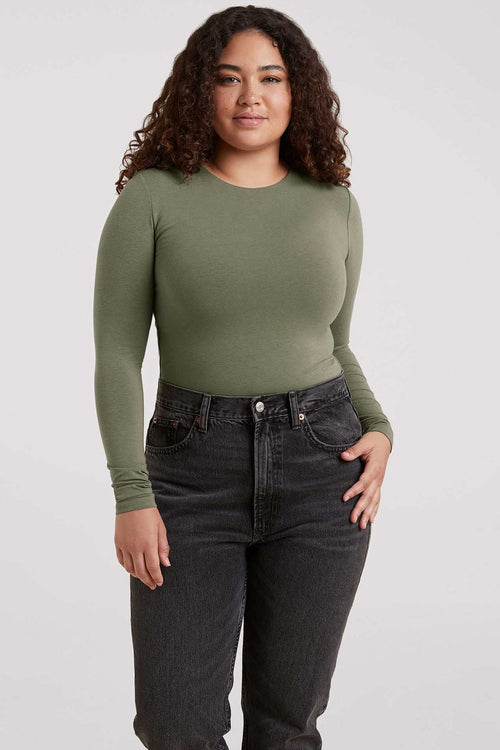 Cotton Stretch Long Sleeve Crewneck Bodysuit | Olive