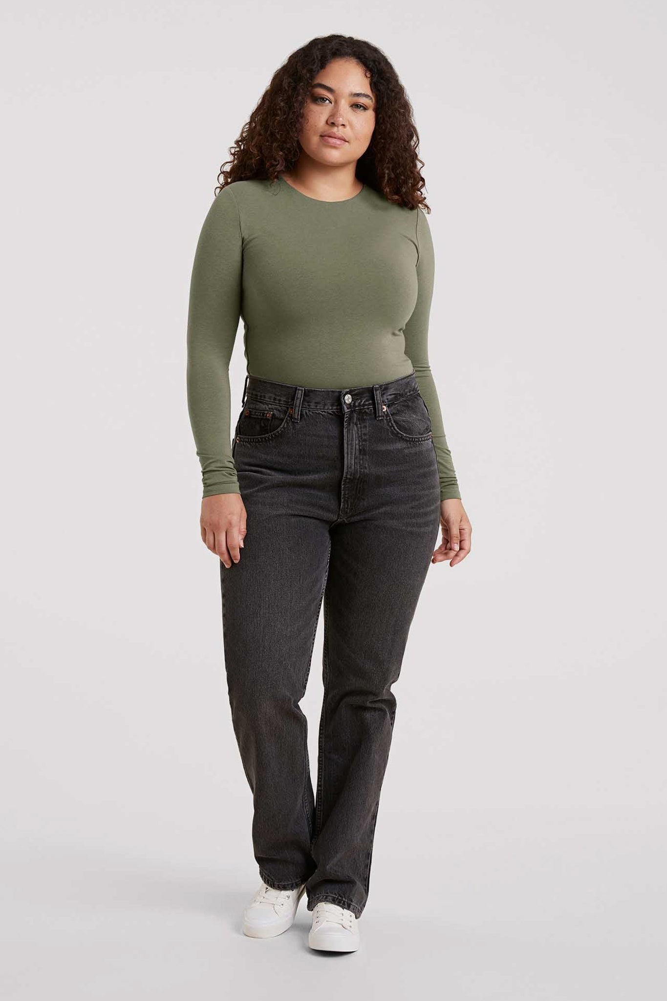Cotton Stretch Long Sleeve Crewneck Bodysuit | Olive