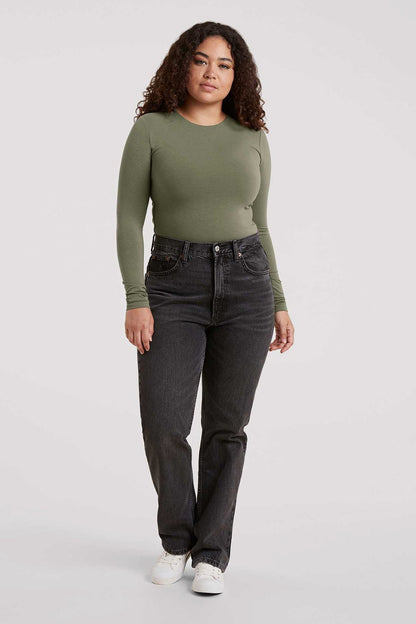Cotton Stretch Long Sleeve Crewneck Bodysuit | Olive