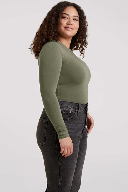 Cotton Stretch Long Sleeve Crewneck Bodysuit | Olive