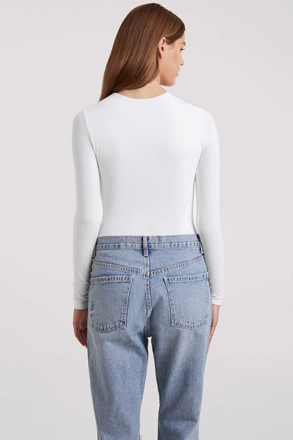 Cotton Stretch Long Sleeve Crewneck Bodysuit | White