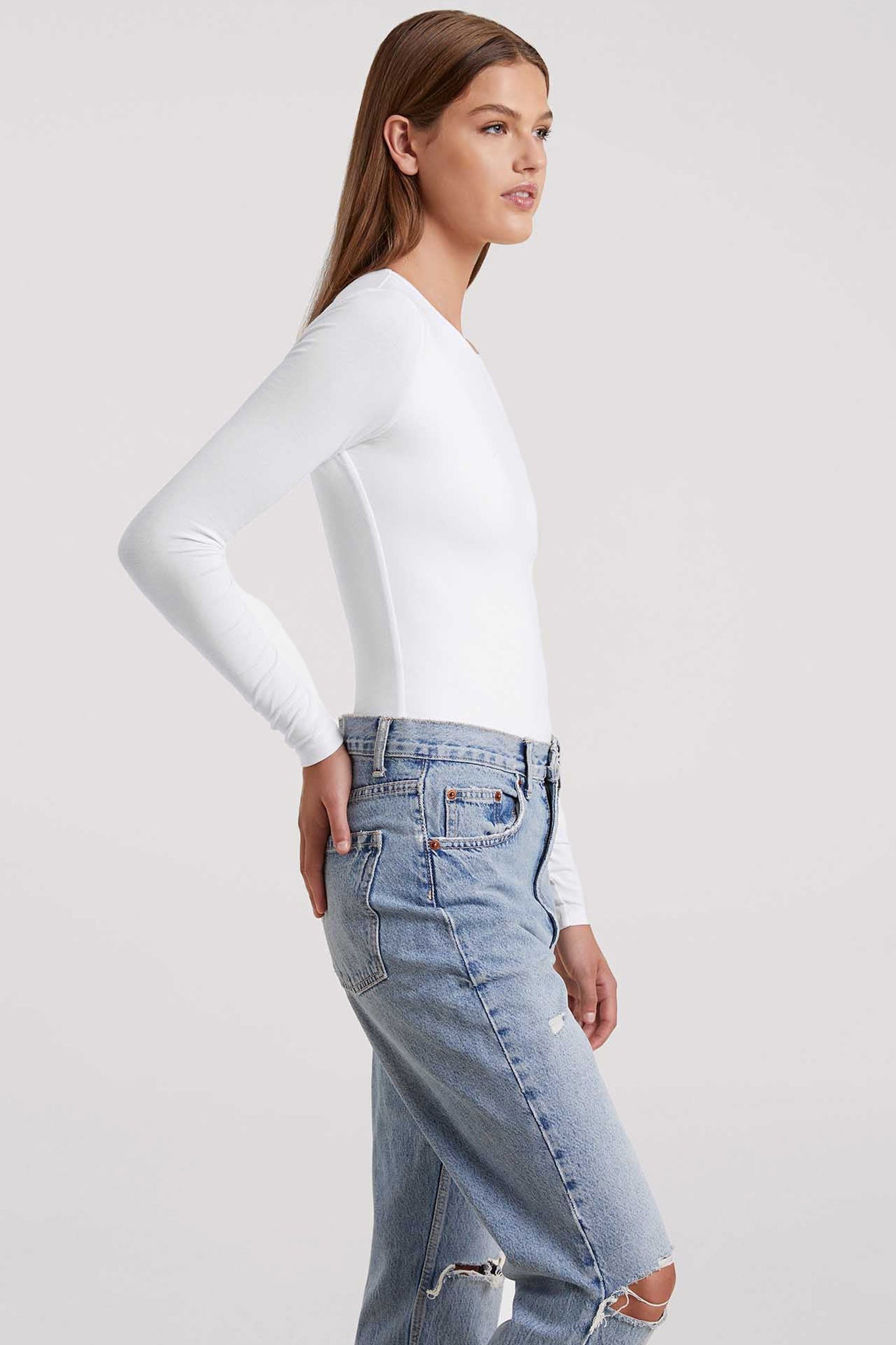 Cotton Stretch Long Sleeve Crewneck Bodysuit | White