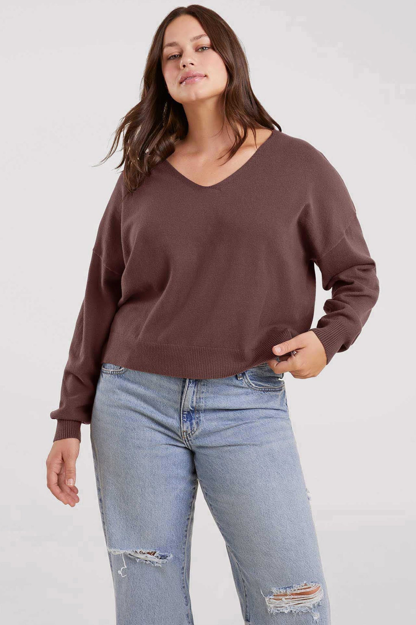 Luxe Knit V-Neck Sweater | Coffee