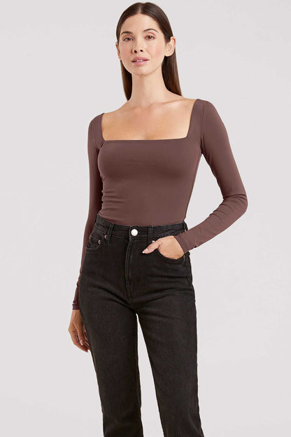 Long Sleeve Wide Square Neck Bodysuit | Coffee