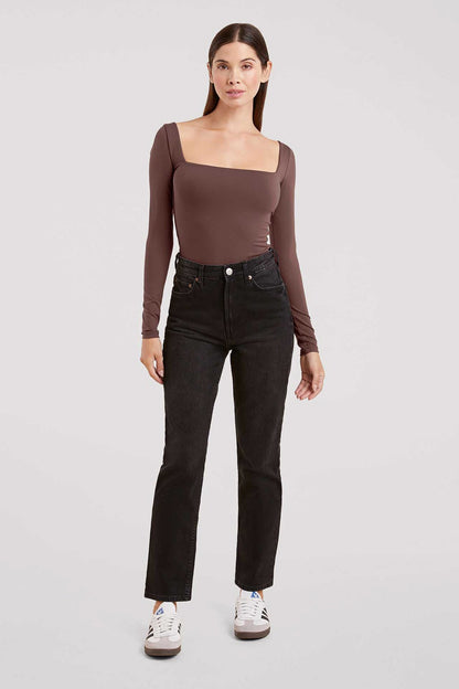 Long Sleeve Wide Square Neck Bodysuit | Coffee