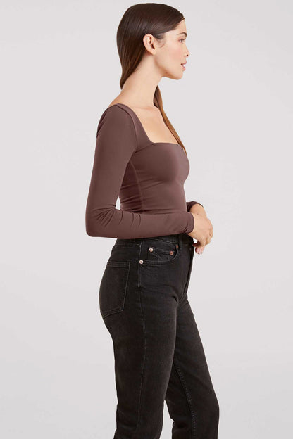 Long Sleeve Wide Square Neck Bodysuit | Coffee