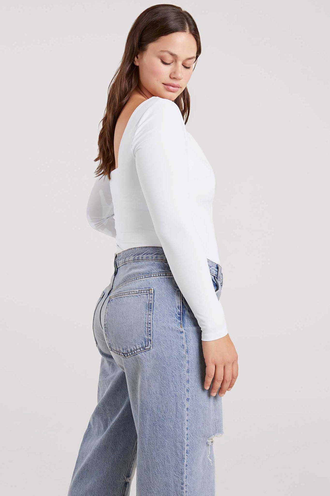 Long Sleeve Wide Square Neck Bodysuit | White
