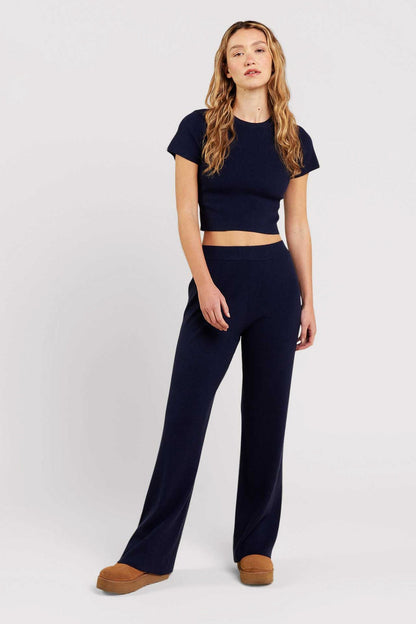 Ribbed Sweater Wide Leg Pant | Navy