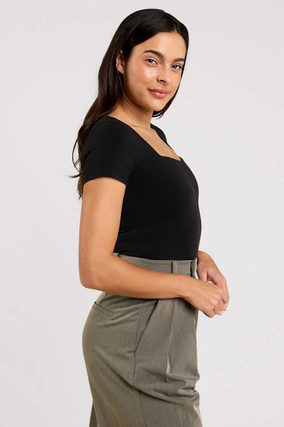 Cotton Stretch Short Sleeve Square Neck Bodysuit | Black