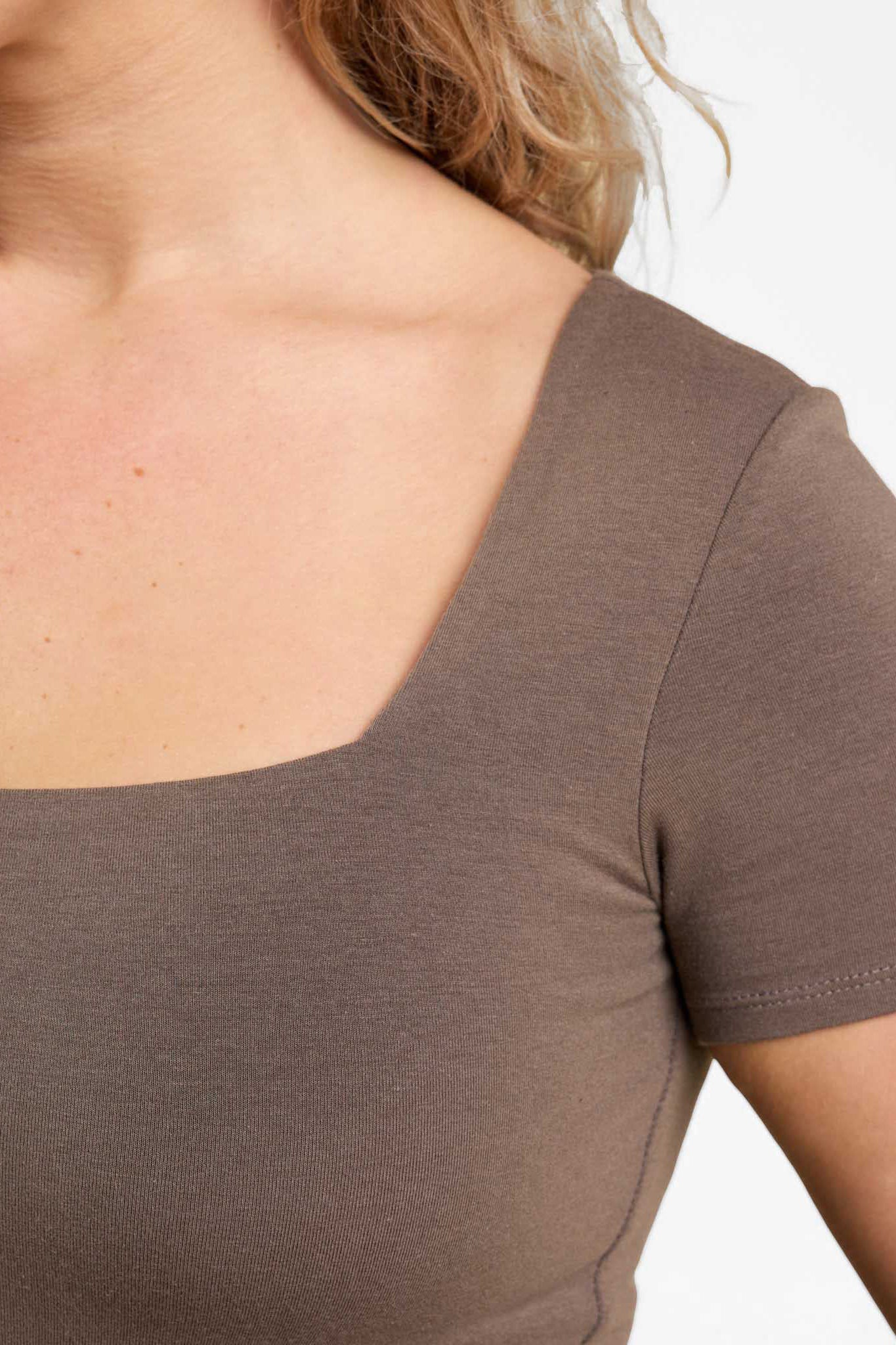 Cotton Stretch Short Sleeve Square Neck Bodysuit | Mocha