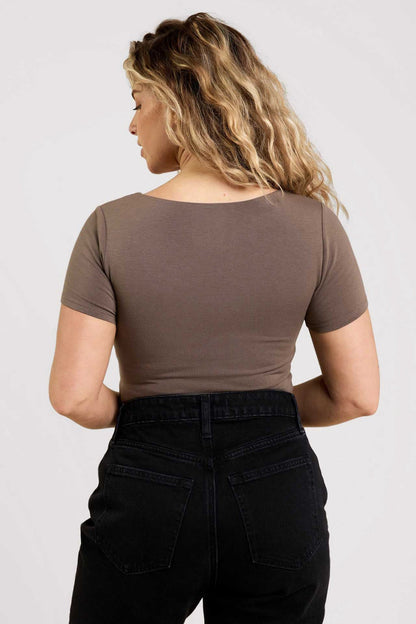 Cotton Stretch Short Sleeve Square Neck Bodysuit | Mocha
