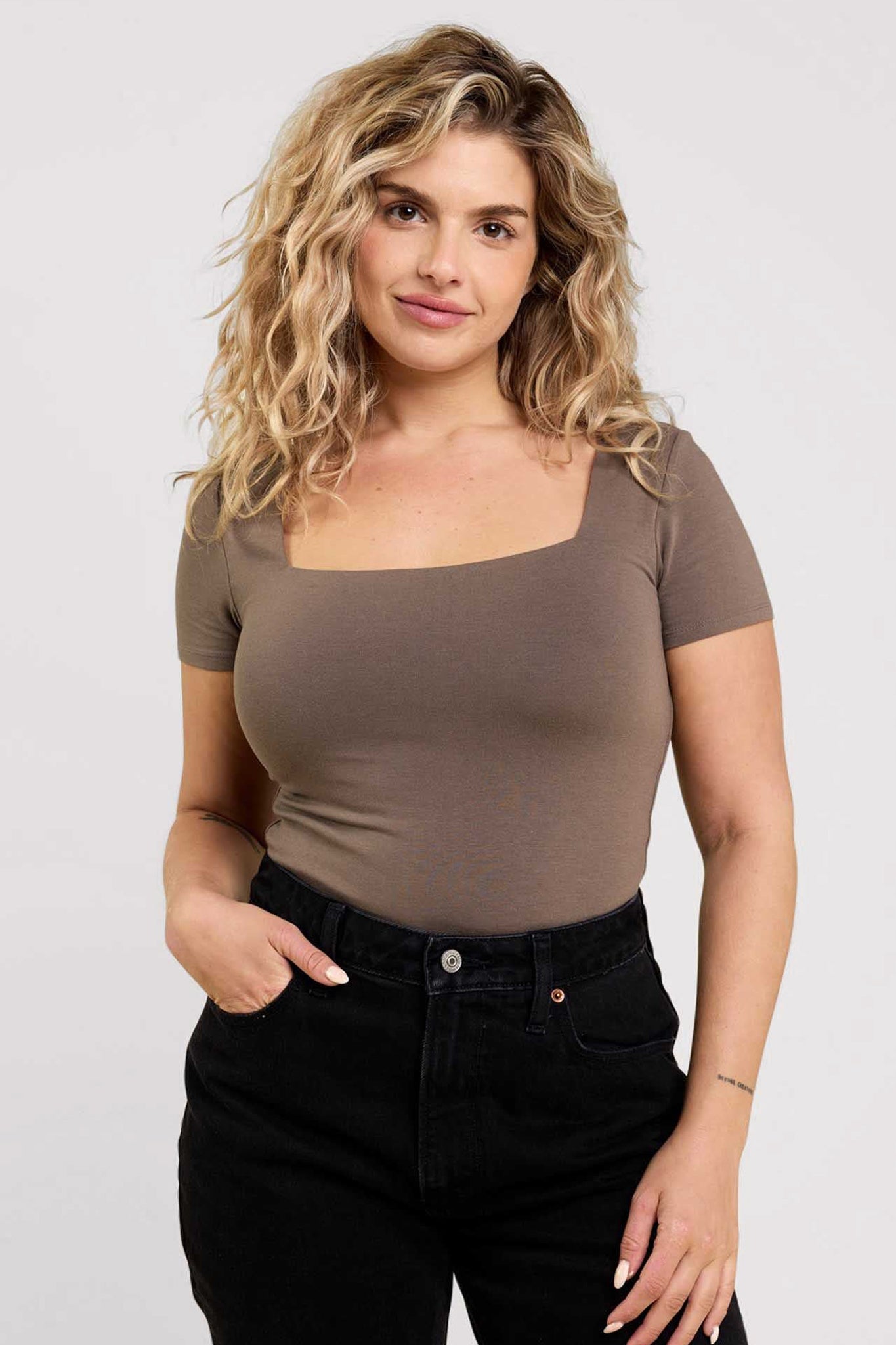Cotton Stretch Short Sleeve Square Neck Bodysuit | Mocha
