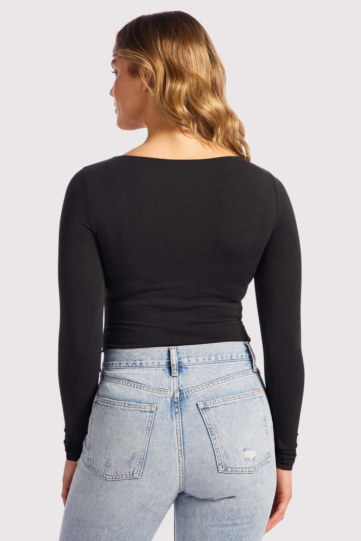 Cotton Stretch Long Sleeve Square Neck Bodysuit | Black