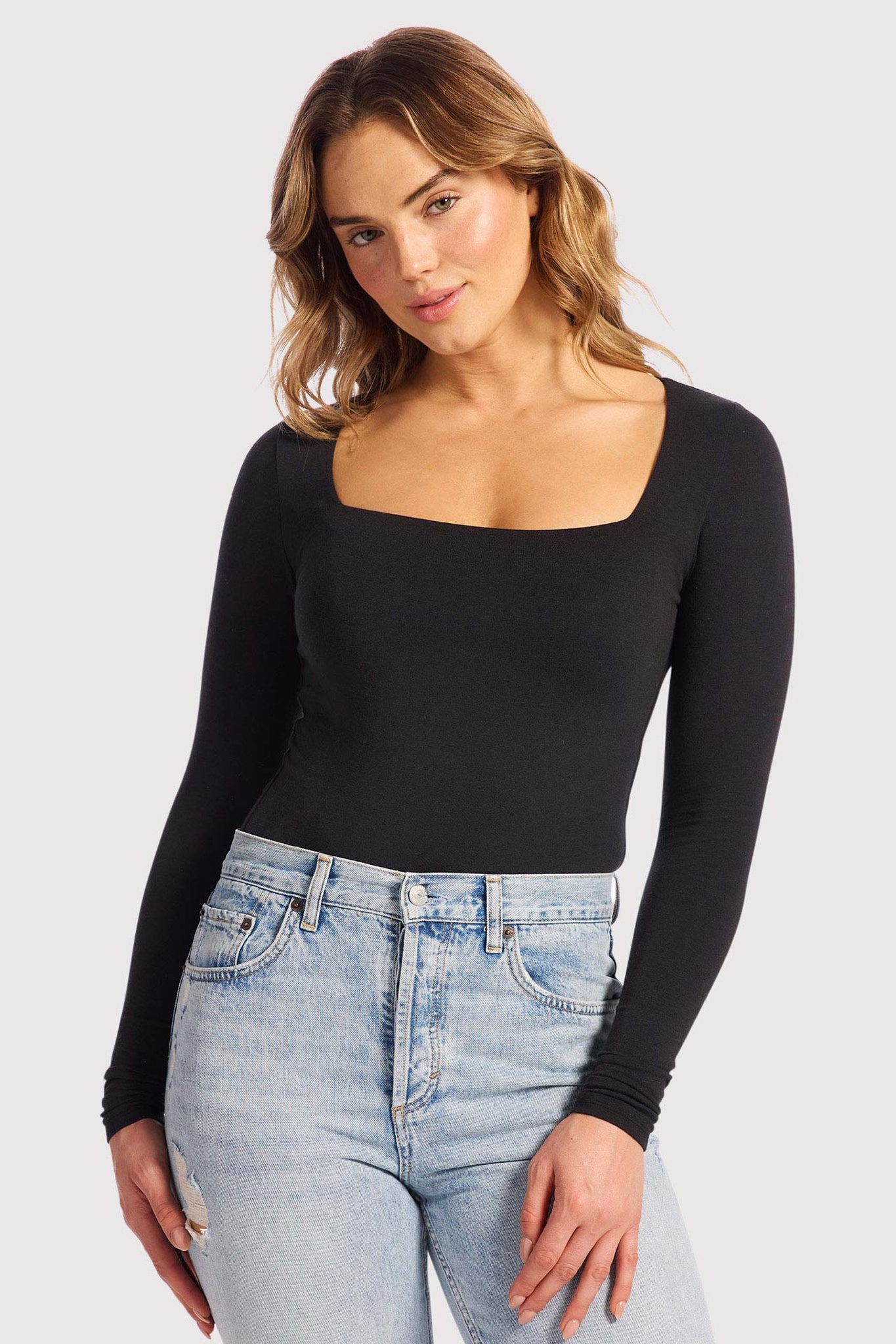Cotton Stretch Long Sleeve Square Neck Bodysuit | Black