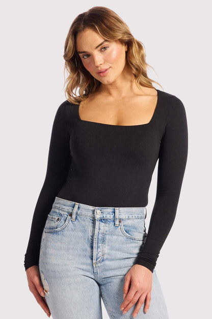 Cotton Stretch Long Sleeve Square Neck Bodysuit | Black
