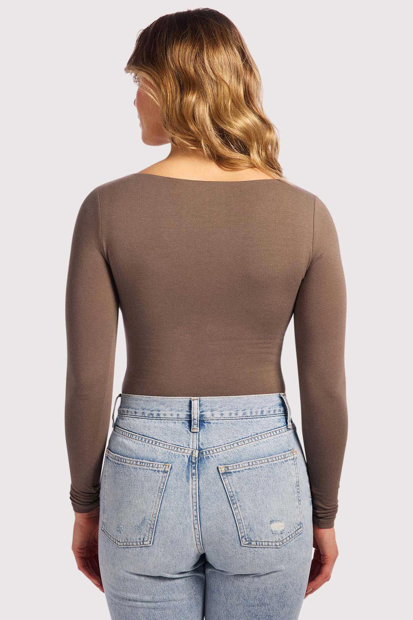 Cotton Stretch Long Sleeve Square Neck Bodysuit | Mocha