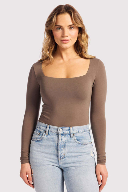 Cotton Stretch Long Sleeve Square Neck Bodysuit | Mocha