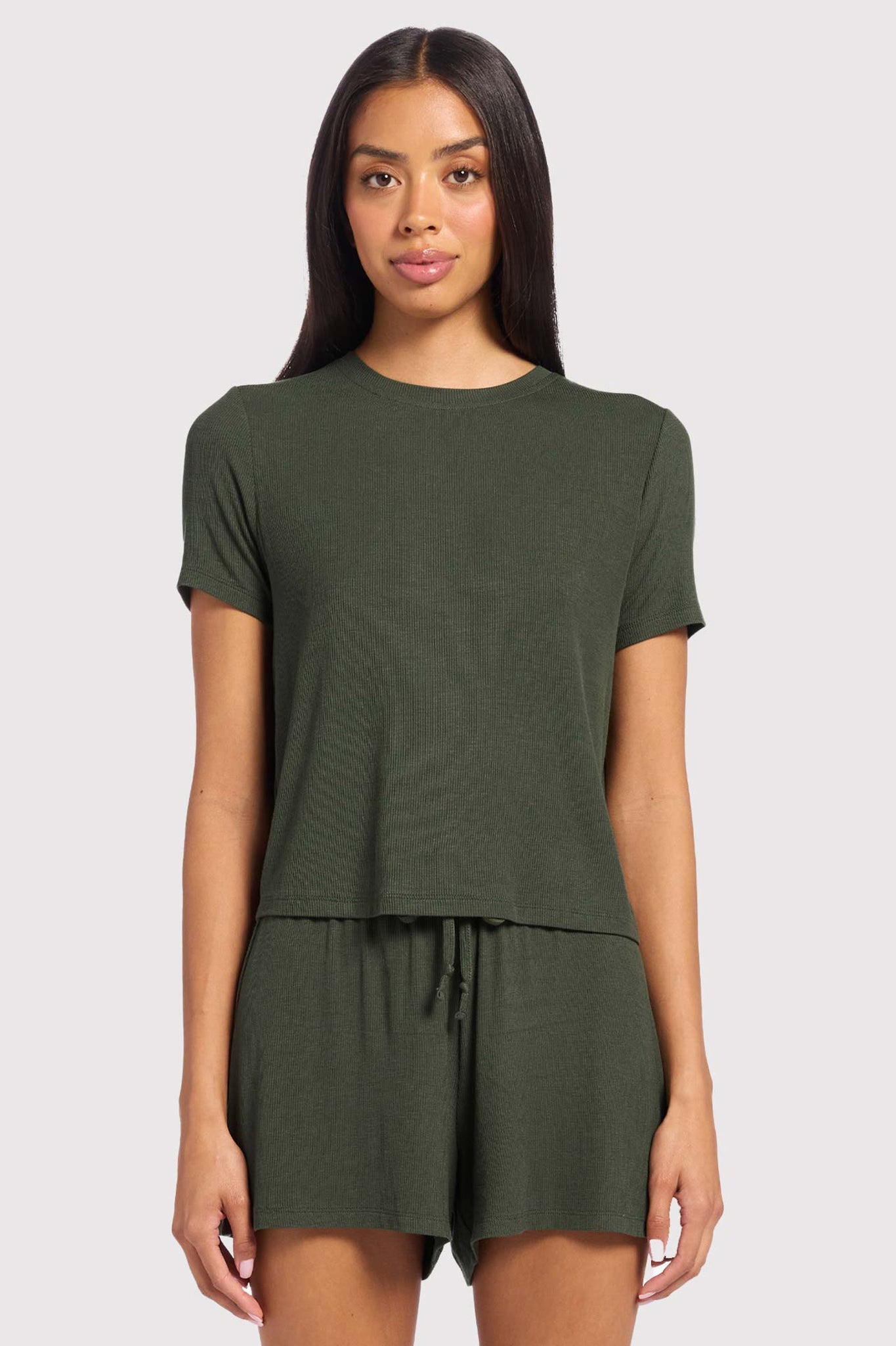 Ribbed Pajama Short Set | Darkest Olive