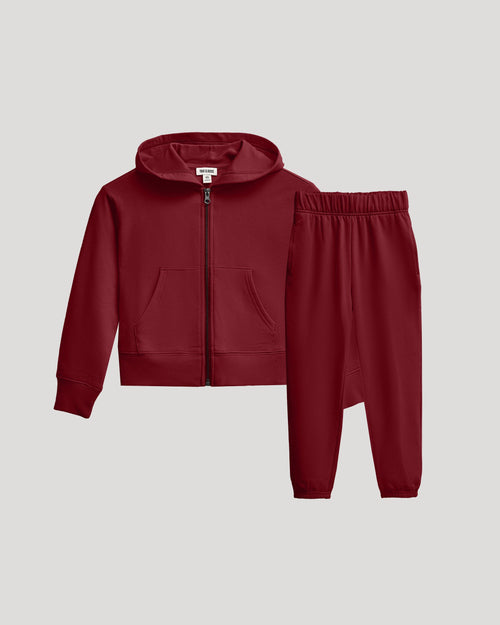 Girls Dark Maroon Cropped Zip Hoodie & Relaxed Joggers 2-Pack