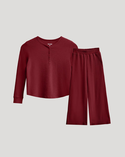 Girls Dark Maroon Waffle Long Sleeve Henley & Waffle Leg Pants 2-Pack