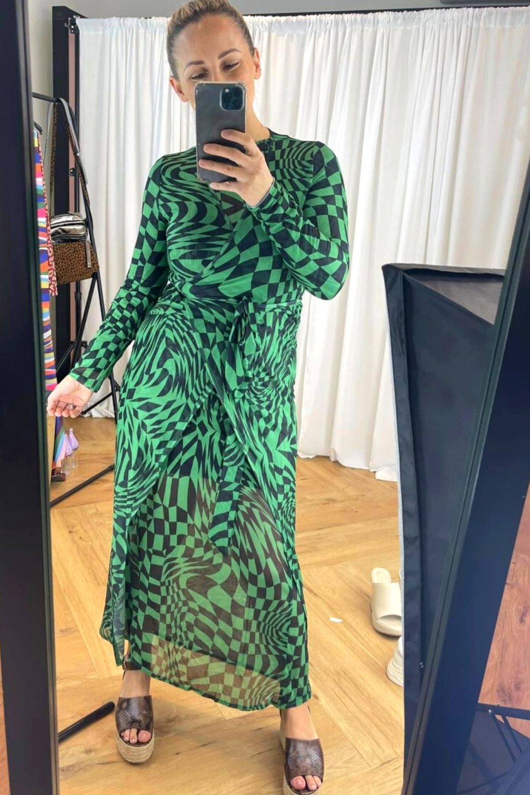 Black Green Mesh Wrap Dress - Final Sale