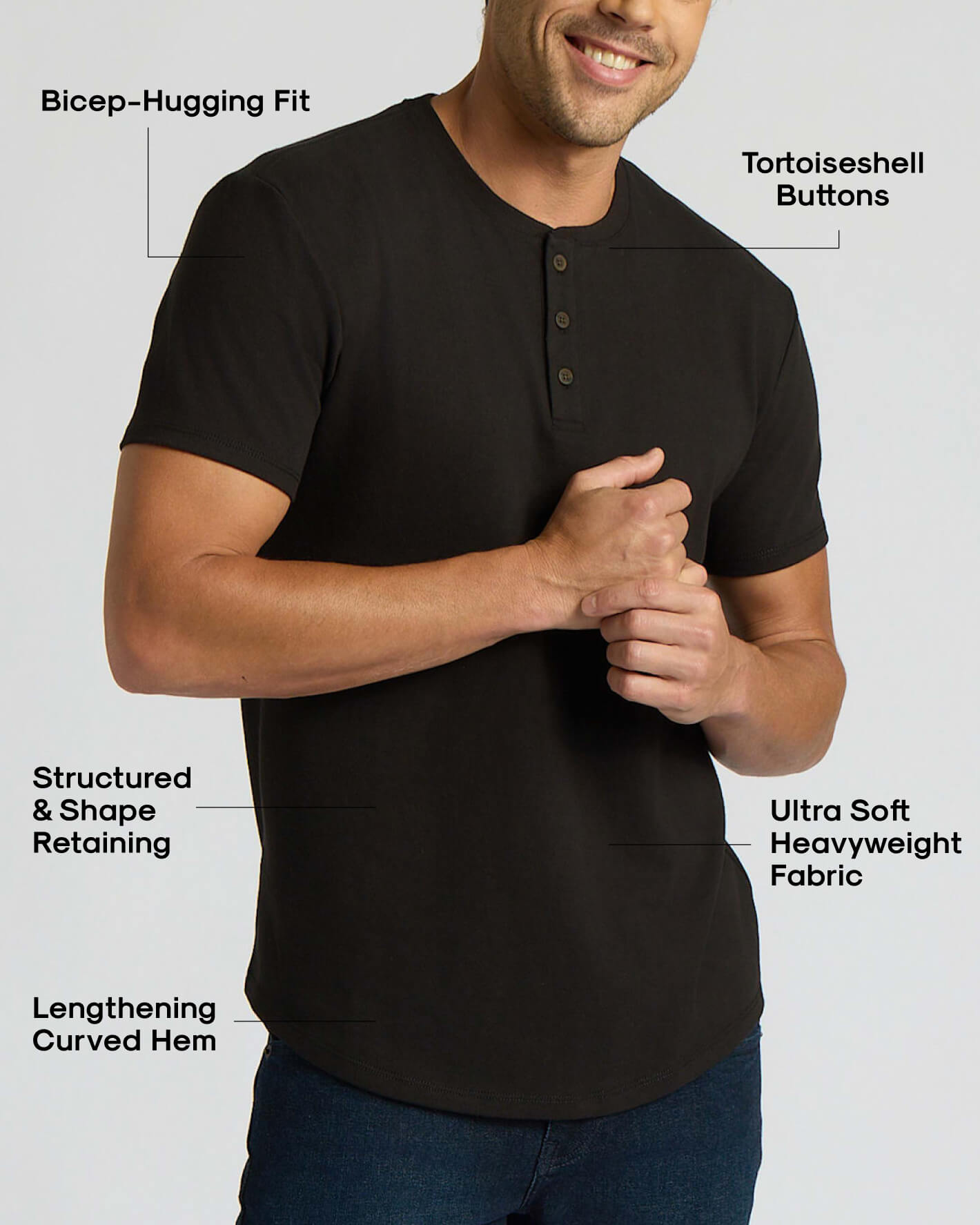 All Black Heavyweight Curved Hem Henley 3-Pack