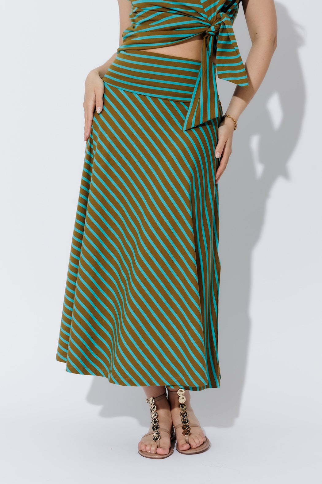 Aqua/Khaki Stripe Roll Top Skirt